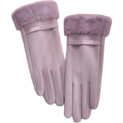 Winter Women Double Layer Thicken Keep Warm Touch Screen Plus Velvet Elegant Violet Female Outdoor Cycling Plush Wrist Gloves