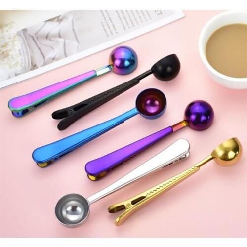 Gold Two-in-one Multifunction Coffee Spoon Stainless Steel Kitchen Supplies Scoop With Bag Seal Clip Coffee Measuring Spoon