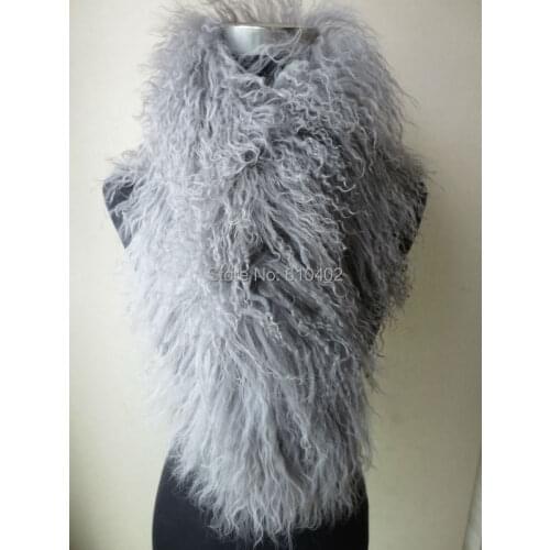 100% Real Lamb whole-skin fur Scarf with clip /cape/Gray