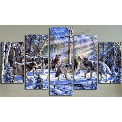 5 panel Diamond Painting snow wolves New Diamond Mosaic Pictures diamond art With Rhinestones forest tree animals scenery GG4957