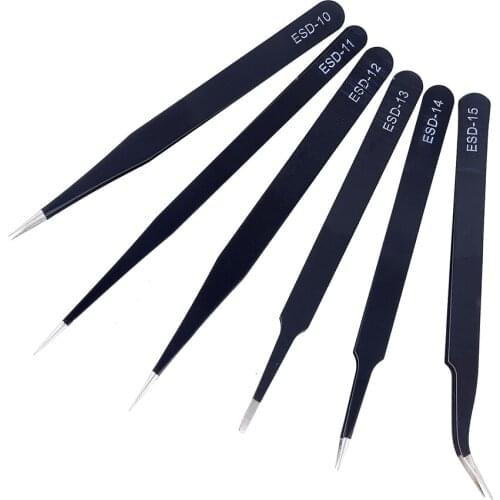 6PCS Anti-static ESD Stainless Steel Tweezers Maintenance Tools Industrial Precision Curved Straight Tweezers Repair Tools