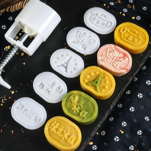 6Pcs Oval Hand Press Cookie Stamp Moon Cake Decor Mould Barrel Mooncake Mold 100g Pastry DIY Tool
