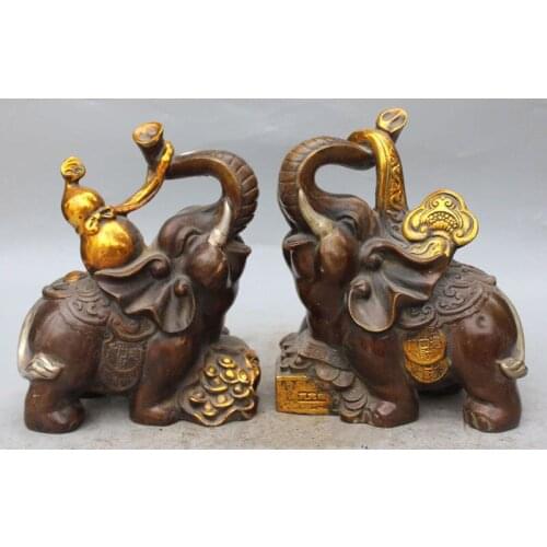 9 inch / A Pair of Chinese feng shui folk gold-plated copper wealth auspicious statues