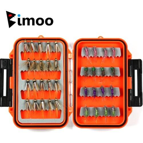 Bimoo 36pcs/box Trout Fly Fishing Brass Bead Head Princes Nymph Red Copper John with Pocket Size Fly Box Grayling Flies