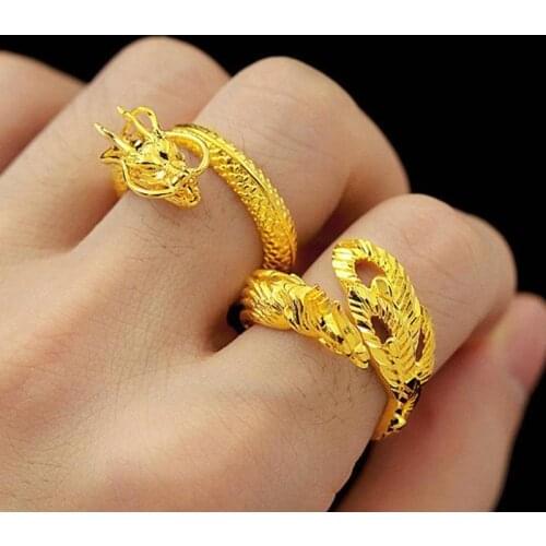 Dragon And Phoenix Couples Ring Sand Gold Open Adjustable Big Rings Wedding Engagement Luxury Lucky Fashion Finger Jewelry Gifts