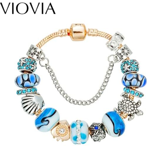 VIOVIA ewelry European Gold Heart Charm Bracelets & Bangles Wristlet DIY Sea Style Bead Bracelets For Women Pulsera Gifts B16132
