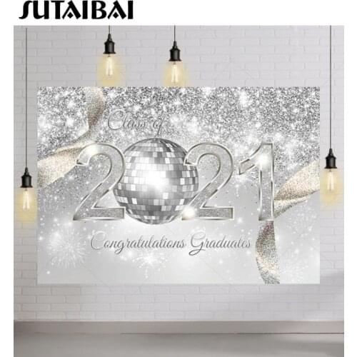 Graduation Ceremony Photo Backdrop Class of 2021 Congratulations Silver Glitter Light Ball Graduate Prom Party Background Studio