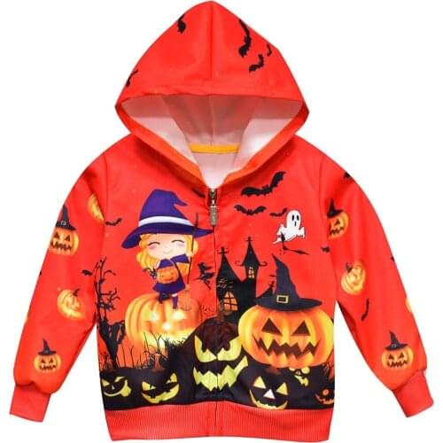 Halloween Costume Pumpkins Bats Cartoon Hooded Coat Long Sleeve Zipper Hooded Cardigan Childrens Clothes
