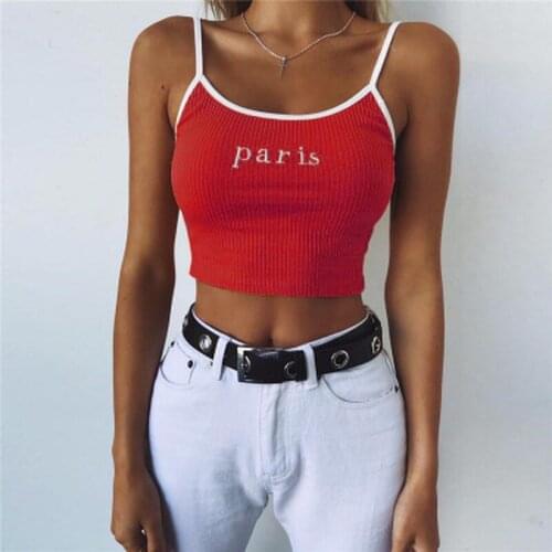 Sexy Women Crop Top 2020 Summer Paris Letter Embroidery Strap Tank Tops Cropped Ladies Elastic Shirt Vest Camisole