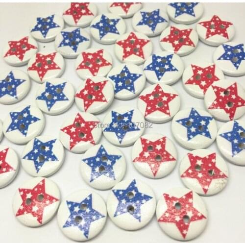 100pcs Red and Dark Blue Mixed Wood Stars Buttons 15mm 2 Holes Round Sewing Button Embellishments Crafts Scrapbooking Cardmaking