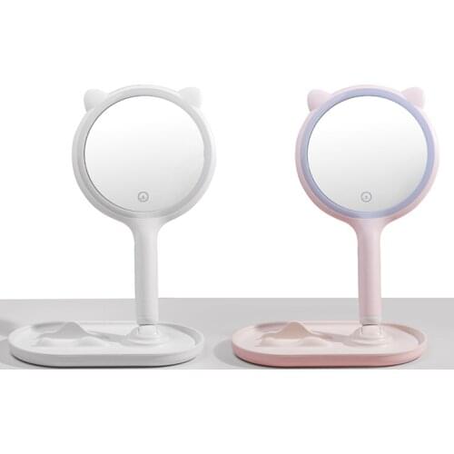 Cute Desk LED Makeup Mirror Handheld Dimmable Round for Traveling Bathroom