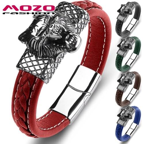 MOZO FASHION 2021 Men Bracelet Genuine Leather Stainless Steel Wolf High Quality Grid Collocation Punk Cuffs Jewelry Gifts 146