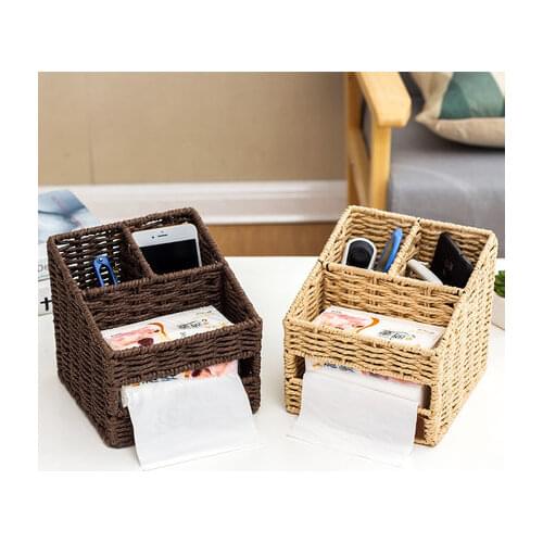 Desktop Storage Box Straw Basket Paper Imitation Rattan Basket Remote Control Coffee Table Multi-Function Tissue Box Storage Bas