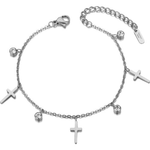 Neo-Gothic Stainless Steel Cross Charm Bracelets Bangle For Women Bohemia CZ Crystal Chain Link Beach Bracelet B20039