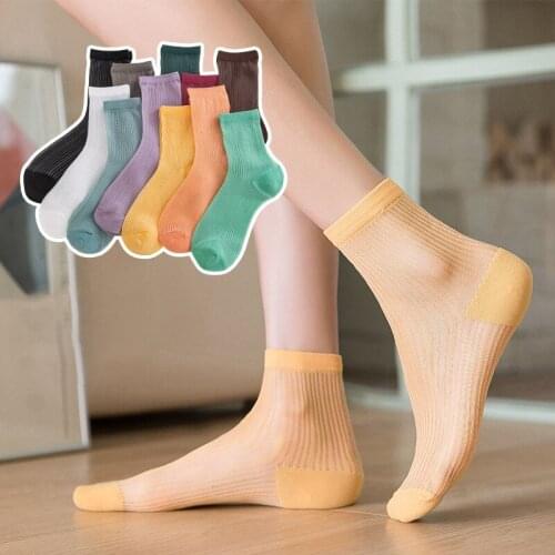 Spring Summer Woman Striped Silk Transparency Candy Color Thin Breathable Cool Youth Ease Match Street Fashion Middle Tube Socks