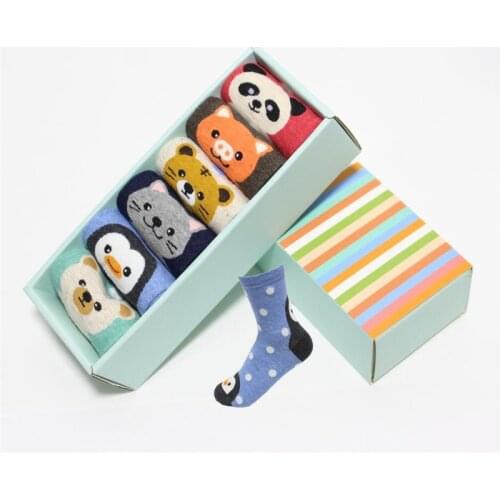 Brand New women cartoon socks gift box 6pairs/lot penguin bear tiger pig sock womens funny party cotton socks