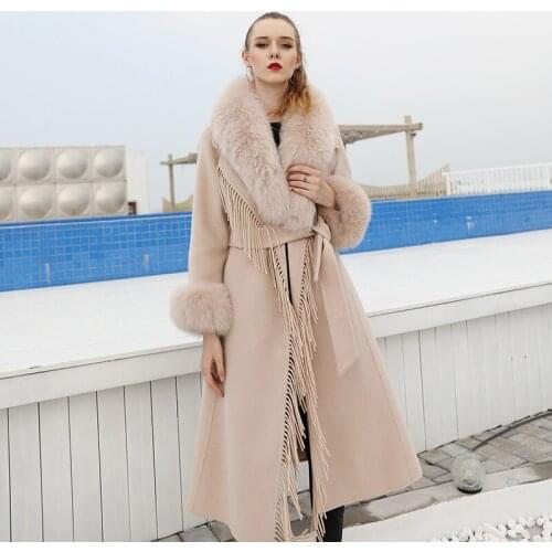 Luxury Wool Cashmere Coat X-Long Women Elegant Winter Wool Trench Coat with Real Fox Fur Trim