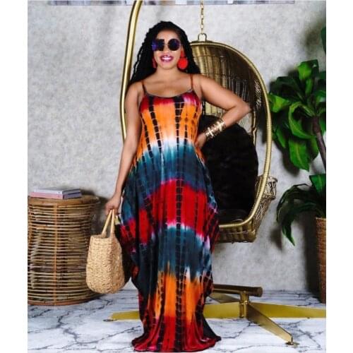 Sexy Plus Size Tie Dye Sling Long Maxi Dresses for Women Vacation Outfits Summer Beach Clothes Night Club Party Dress 2021 New