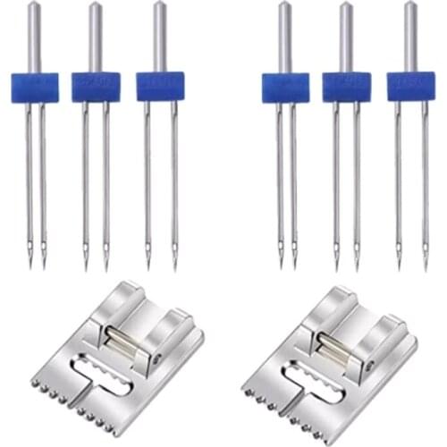 6Pack Double Twin Needles Wrinkled Needle with 2 PCS 9 Groove Pintuck Presser Foot for Sewing Machine Accessories 5FM