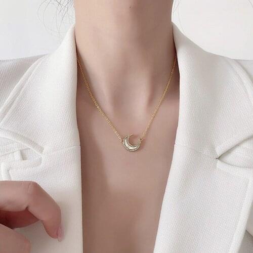 Origin Summer Korean Cubic Zircon Shell Moon Pendant Necklace for Women Unique Design Rhinestone Party Necklace Jewelry Hot Sale