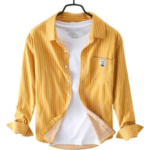 Long Sleeve Shirts for Men Casual Striped Vintage Clothing Pure Cotton Turn-down Collar Male Single Breasted Tops
