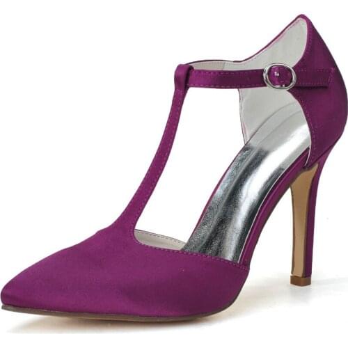 Creativesugar Elegant T Strap Pointed Toe High Heel Pumps Purple White Bridal Wedding Party Prom Evening Dress Shoes Big size