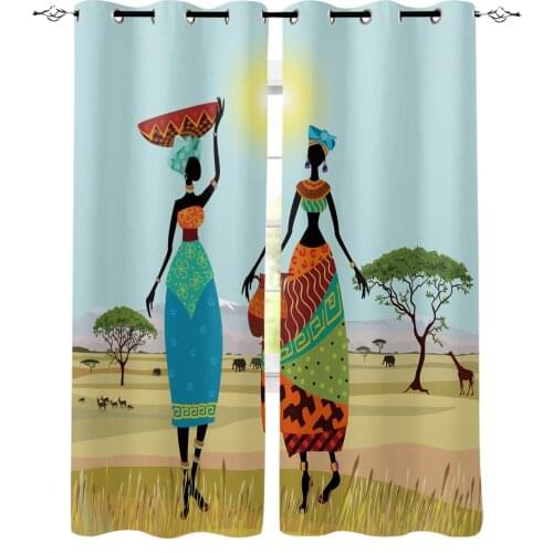 Living Room Curtains African Women Plain Giraffe Elephant Blackout Curtain for Bedroom Bay Window Decorative Shading Cloth