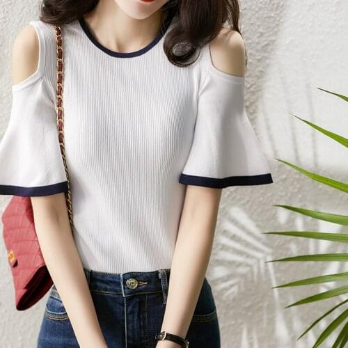 Women Basic Off Shoulder Flare Short Sleeve Knitted T-shirt Navy White Lady Elegant Sim Knit T Shirt Summer Korean Fashion Cloth