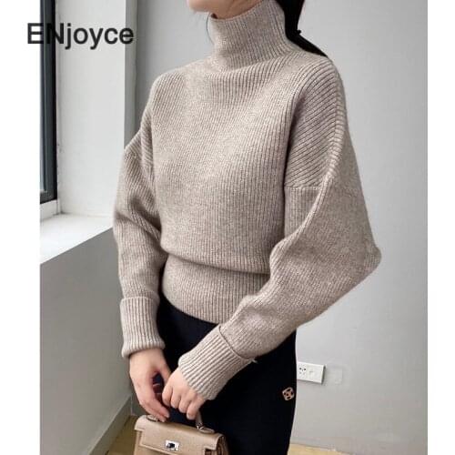 Vintage New Turtleneck Puff Sleeve Knitted Sweaters Women Sweet Loose Shoulder Wild Cropped Tops Autumn Winter New Pullovers