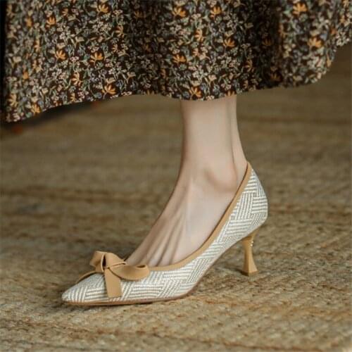 Spring/Autumn New Sheepskin Slip-On Women Shoes Fashion Butterfly-knot Shallow Pumps Pointed Toe Thin Heel Handmade Shoes Women