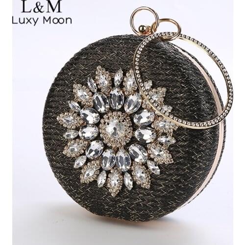Women Crystal Wedding Evening Clutch Round Bag Purses Handbags Crossbody Party Shoulder Bags Clutch Gold Straw Handbag X21R