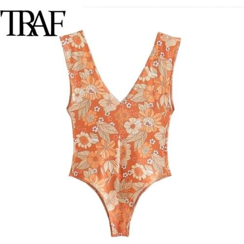 TRAF Women Fashion Floral Print Skinny Bodysuits Vintage Deep V Neck Backless Beach Female Playsuits Mujer
