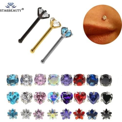 1Pc Round Heart Round Zircon Gem Nose Studs Plugs 20G Gold-Color Body Piercing jewelry Small Earrings Women Indian fashion