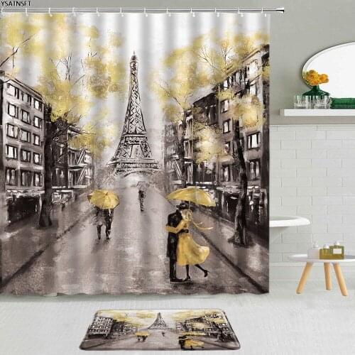 2Pcs 3D Painted Street View Shower Curtain City Architecture Paris Tower Couple Bathroom Curtains Fabric Non-Slip Bath Mat Set