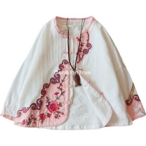 2021 ladies linen qipao blouses chinese traditional flower print qipao style shirt womens qipao top ethnic cheongsam blouse