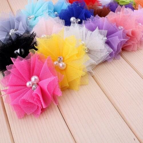 30pcs/lot 6.5cm 18colors DIY Soft Chic Mesh Hair Flowers With Rhinestones+Pearls Artificial Fabric Flowers For Kids Headbands