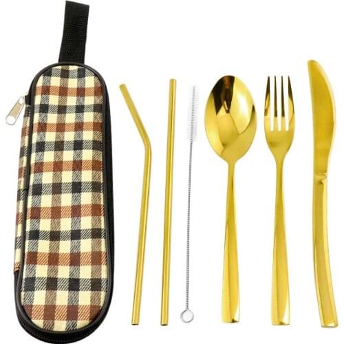7PCS Cutlery Set Portable Stainless Steel Flatware Set Dinnerware Gold Metal Knife Fork Spoon Set Straw Storage Box Travel Steak