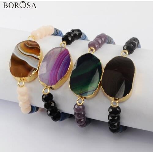 BOROSA 5Pcs Gold Plating Multi-Color Natural Onyx Agates Connector 8mm Stone Bead Bracelets Mixed Colors Bracelet Jewelry G1928