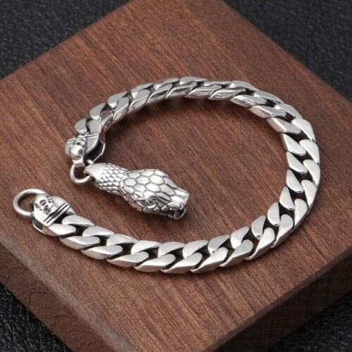 925 Sterling Silver Mens Wrist Chain Jewelry Thai Silver Light Snake Head Buckle Bracelet Free Shipping