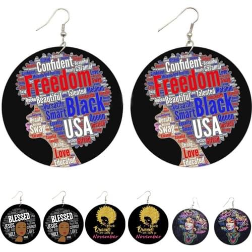 Roform Black Female Roots Manager African Wood Drop Earrings Inspire Proverb Art Printed Round Loops Gifts for Women