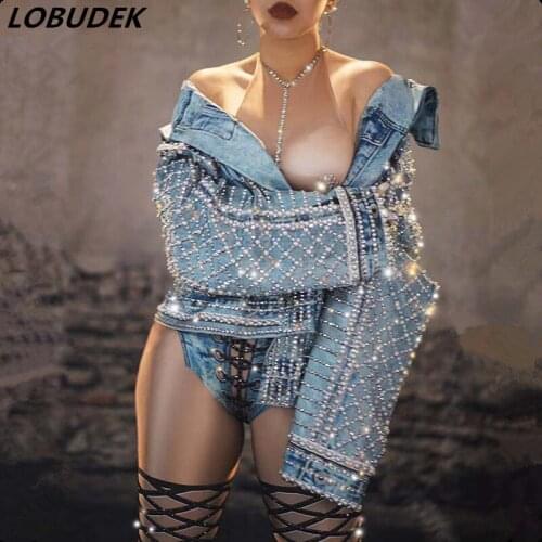 Blue Pearl Rhinestones Imitation Denim Jacket Loose Coat Men Women Tide Hip Hop Rap Singer Cowboy Bar Nightclub Overcoat Costume