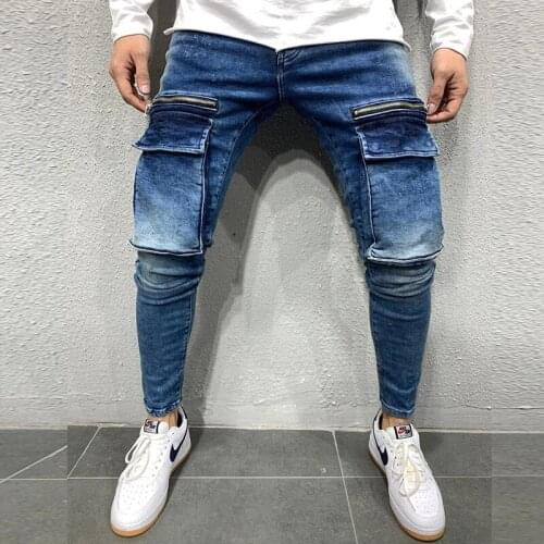 Men Solid Skinny Jean Homme Pockets Denim Cargo Combat Pants Jeans Slim Fit Trouser Bottoms Fashion Men‘s Casual Outwear Jeans