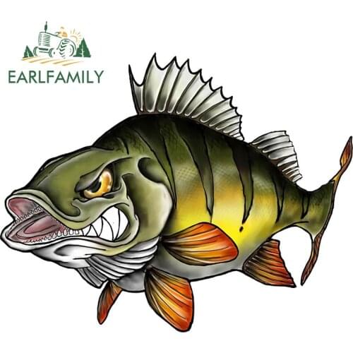 EARLFAMILY 13cm x 10.3cm Cartoon Sharp Teeth Horror Fish Car Sticker Car Bumper Window Decals Fishing Art Waterproof Car Styling