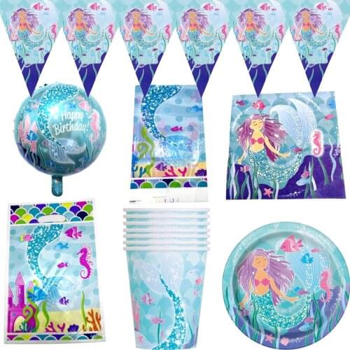 65pcs/lot Mermaid Theme Foil Balloon Napkins Birthday Events Party Flags Plates Cups Tablecloth Decoration Kids Favors Loot Bags