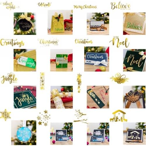 Hot Foil Plates Words Jingle Merry Christmas Season Greeting Snowflake Bells Tree Xmas Ornament DIY Craft Paper Leather 2020