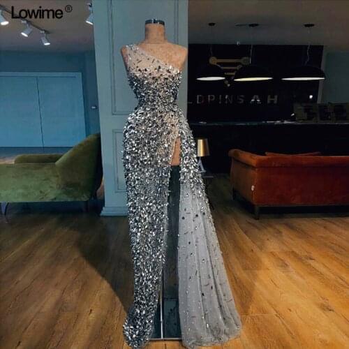 Custom Made Sexy One Shoulder Evening Dresses Mermaid Round Sequin Illusion High Split Evening Prom Party Gowns Grand Event Gown