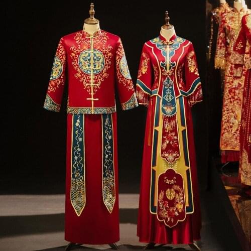 Embroidery Beading Tassle Cheongsam Chinese Traditional Couple Wedding Suit Elegant Bride Qipao Dress китайская одежда