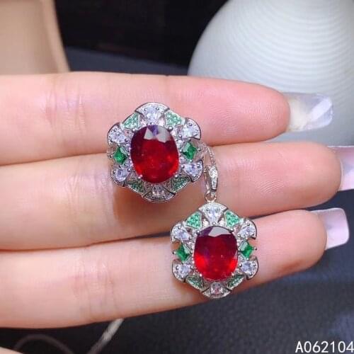 KJJEAXCMY fine jewelry 925 sterling silver inlaid natural ruby women vintage exquisite Flowers gem ring pendant set support dete