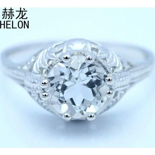 Sterling Silver 925 8mm Round Cut White Topaz Ring Art Deco Engagement Vintage Antique Engrave Wedding Ring For Women