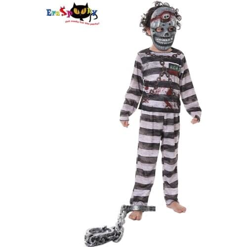 Eraspooky Horror Bloody Prisoner Cosplay Boys Halloween Costume For Kids Scary Stripe Prison Uniform Carnival Outfits